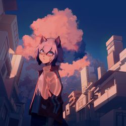 Rule 34 | 1girl, animal ears, arms at sides, black hair, blue eyes, blue hair, bob cut, brand new animal, building, cloud, commentary, cowboy shot, dusk, ev-oo, from below, from side, furry, furry female, hair between eyes, highres, jacket, kagemori michiru, looking at viewer, looking down, looking to the side, multicolored hair, parted lips, raccoon ears, raccoon girl, red jacket, shadow, shirt, short hair, sky, solo, standing, two-tone hair, white shirt