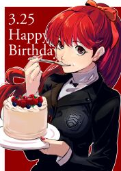 1girl black_jacket breasts cake commentary dated fingernails floating_hair food food_on_face hair_rings happy_birthday holding holding_plate jacket kiyomiya long_hair looking_at_viewer medium_breasts persona persona_5 persona_5_the_royal plate pocket red_background red_eyes red_hair red_nails red_ribbon ribbon school_uniform shirt shuujin_academy_school_uniform simple_background solo spoon utensil_in_mouth white_shirt yoshizawa_kasumi