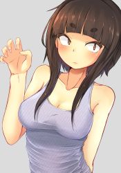 Rule 34 | 1girl, blush, breasts, brown eyes, brown hair, claw pose, grey background, highres, jovejun, large breasts, long hair, looking to the side, medium breasts, original, simple background, sleeveless, solo, tank top, tsubomioka happa, upper body