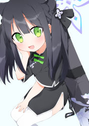 Rule 34 | 1girl, absurdres, animal ear fluff, animal ears, black dress, black hair, blue archive, blunt bangs, china dress, chinese clothes, dress, from above, green eyes, hand on own face, hand on own thigh, highres, long hair, looking at viewer, looking up, mari (rodoney-kiara), open mouth, short sleeves, shun (blue archive), shun (small) (blue archive), sitting, smile, solo, thighhighs, tiger ears, tiger girl, twintails, weapon case, white thighhighs