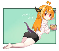 Rule 34 | 1girl, aged down, ahoge, araki (qbthgry), ass, barefoot, bike shorts, black shorts, brown hair, chips (food), dragon girl, dragon horns, dragon tail, eating, feet, food, from behind, hololive, horns, kiryu coco, legs, long hair, looking back, lying, mouth hold, on stomach, pointy ears, potato chips, red eyes, shirt, short shorts, shorts, soles, solo, tail, thighs, toes, virtual youtuber, white shirt