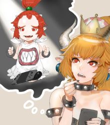 Rule 34 | 2girls, bare shoulders, bib, black dress, blonde hair, bowsette, bowsette jr., bracelet, breasts, bright pupils, cellphone, cleavage, collar, dress, earrings, fangs, finger to mouth, hair between eyes, horns, jewelry, looking up, mario (series), medium breasts, mother and daughter, multiple girls, new super mario bros. u deluxe, nintendo, nintendo switch, open mouth, phone, pointy ears, ponytail, red eyes, red hair, simple background, smartphone, spiked bracelet, spiked collar, spikes, strapless, strapless dress, super crown, teeth, tetuhei, thinking, upper body, worried
