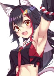 Rule 34 | 1girl, :d, animal ear fluff, animal ears, arm up, armpits, bare shoulders, black hair, black shirt, blush, breasts, brown eyes, commentary request, crop top, crop top overhang, detached sleeves, fang, fuji yoshida, hair between eyes, hair ornament, highres, hololive, long hair, looking at viewer, medium breasts, midriff, multicolored hair, necktie, ookami mio, ookami mio (1st costume), open mouth, red hair, rope, sailor collar, shimenawa, shirt, simple background, smile, solo, stomach, streaked hair, upper body, virtual youtuber, white background, white sailor collar, wolf ears