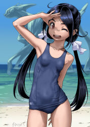 Rule 34 | 1girl, arm up, beach, black hair, blue one-piece swimsuit, blue sky, breasts, commentary request, covered navel, day, highres, horizon, long hair, looking at viewer, monster, ocean, one-piece swimsuit, one eye closed, open mouth, original, outdoors, red eyes, rohitsuka, school swimsuit, sky, small breasts, smile, solo, swimsuit, twintails