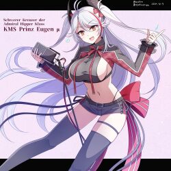 Rule 34 | 1girl, :d, absurdres, antenna hair, azur lane, belt, black belt, black shirt, black shorts, black thighhighs, bow, bowtie, breasts, character name, commentary request, cowboy shot, cropped shirt, dated, grey hair, hair between eyes, hair bow, headgear, hebitsukai-san, highleg, highleg panties, highres, holding, holding microphone, idol, idol clothes, index finger raised, large breasts, long hair, long sleeves, looking at viewer, microphone, midriff, multicolored hair, navel, official alternate costume, open mouth, orange eyes, panties, plaid, plaid bow, plaid bowtie, plaid shirt, prinz eugen (azur lane), prinz eugen (muse) (azur lane), red bow, red bowtie, red hair, ribbon, shirt, short shorts, shorts, sideboob, sidelocks, skindentation, smile, solo, standing, streaked hair, swept bangs, taut clothes, taut shirt, thigh strap, thighhighs, twitter username, two side up, underwear, very long hair