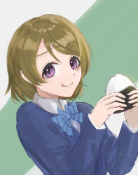 Rule 34 | 1girl, :p, artist name, artist request, blue bow, blue bowtie, blue jacket, blush, bow, bowtie, brown hair, buttons, coago, collared shirt, female focus, food, hair between eyes, highres, holding, holding food, jacket, koizumi hanayo, looking at viewer, love live!, love live! school idol project, onigiri, otonokizaka school uniform, purple eyes, school uniform, shirt, short hair, solo, striped bow, striped bowtie, striped clothes, tongue, tongue out, white shirt