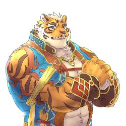 Rule 34 | 1boy, abs, animal ears, bara, blue eyes, chinese commentary, commentary, furry, furry male, lin hu (nekojishi), looking at viewer, male focus, mixvariety, muscular, muscular male, nekojishi, own hands together, pectorals, smile, tail, tiger boy, tiger ears, tiger tail, upper body, white background