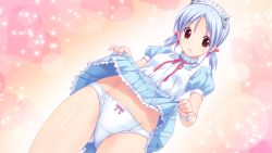 Rule 34 | 1girl, blue hair, bow, bow panties, clean one (tropical vacation), clothes lift, dress, dress lift, game cg, highres, koutaro, lingerie, looking at viewer, panties, red eyes, solo, tropical vacation, twinkle soft, twintails, underwear, white panties