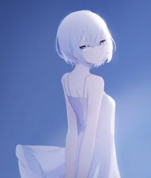 Rule 34 | 1girl, arms behind back, bad id, bad twitter id, bare arms, bare shoulders, blue background, blue eyes, closed mouth, dress, from behind, highres, looking at viewer, looking back, migihidari (puwako), original, solo, standing, sundress, white dress, white hair