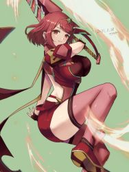 Rule 34 | 1girl, 2021, artist name, breasts, closed mouth, dated, female focus, fingerless gloves, fire, gloves, green background, hair between eyes, highres, holding, holding sword, holding weapon, looking at viewer, matching hair/eyes, pink thighhighs, pyra (xenoblade), red eyes, red footwear, red gloves, red hair, shoes, short hair, short shorts, short sleeves, shorts, simple background, smile, solo, sword, thighhighs, tiara, weapon, xenoblade chronicles (series), xenoblade chronicles 2, yamamori kinako