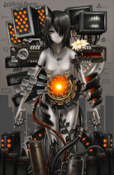 Rule 34 | 1girl, android, black hair, breasts, cable, colored skin, flower, gia, glowing, grey skin, hair over one eye, highres, ivy, machine, nipples, no nipples, orange eyes, original, science fiction, screen, short hair, solo, tattoo, topless, wire