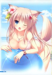 Rule 34 | 1girl, absurdres, animal ears, ball, bare shoulders, beach, beachball, bent over, bikini, blue eyes, blue sky, blush, bracelet, breast press, breasts, brown hair, cleavage, cloud, day, flower, fox ears, fujisaki rei, hair flower, hair ornament, halterneck, hibiscus, highres, jewelry, large breasts, necklace, one eye closed, open mouth, original, outdoors, pendant, sky, solo, swimsuit, tail, white bikini, wink