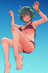 Rule 34 | 1girl, barefoot, bikini, blue eyes, blue sky, blush, breasts, claw pose, day, fang, feet, green hair, hair between eyes, highres, jumping, large breasts, legs, looking at viewer, open mouth, original, outdoors, red bikini, short hair, sky, solo, swimsuit, toenails, toes, tsukinami kousuke