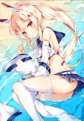 Rule 34 | 1girl, ass, ayanami (azur lane), azur lane, bandaid, bandaid on arm, bare shoulders, beach, belt, blonde hair, blue choker, blue sailor collar, blue skirt, blush, breasts, choker, closed mouth, commentary request, floating hair, groin, head tilt, headgear, high ponytail, highres, legs together, long hair, long sleeves, looking at viewer, lying, midriff, miniskirt, navel, on side, orange eyes, outstretched arm, panties, pantyshot, pleated skirt, ponytail, remodel (azur lane), ribbon-trimmed sleeves, ribbon trim, sailor collar, school uniform, serafuku, shade, shiny skin, shirt, sidelocks, skirt, sleeveless, sleeveless shirt, small breasts, solo, standing, thighhighs, thighs, unacchi (nyusankin), underwear, wet, wet clothes, white belt, white shirt, white thighhighs, wide sleeves, yellow neckwear