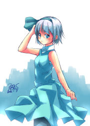 Rule 34 | 1girl, bare arms, bare shoulders, blue bow, blue eyes, blue hairband, blush, bow, closed mouth, collar, collared dress, commentary request, cropped legs, dated, dress, green dress, hair bow, hairband, hand in own hair, ikuya@, konpaku youmu, looking at viewer, short hair, signature, silver hair, simple background, sleeveless, sleeveless dress, solo, touhou, white background, white collar, wing collar