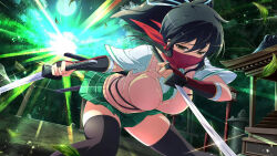 Rule 34 | 1girl, architecture, armor, asuka (senran kagura), bandages, black hair, black thighhighs, breasts, brown eyes, dual wielding, east asian architecture, falling leaves, forest, full moon, green necktie, hair ribbon, holding, japanese armor, kote, lantern, large breasts, leaf, leaning forward, looking at viewer, mask, moon, nature, necktie, ninja, official art, plaid, plaid skirt, ponytail, red scarf, ribbon, scarf, scarf over mouth, senran kagura, senran kagura new link, senran kagura shoujo-tachi no shin&#039;ei, sheath, shirt, short hair, short ponytail, shrine, skirt, sky, solo, star (sky), starry sky, sweater vest, sword, thighhighs, torii, tree, vest, wakizashi, weapon, white ribbon, white shirt, wooden lantern, yaegashi nan