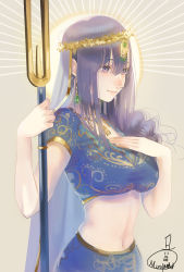 Rule 34 | 1girl, beige background, blue shirt, blue skirt, breasts, commentary request, crop top, earrings, fate/grand order, fate (series), from side, gem, green gemstone, hair between eyes, hair over shoulder, hand on own chest, hands up, holding, holding polearm, holding spear, holding weapon, indian clothes, jewelry, large breasts, light smile, long hair, matou sakura, midriff, mizutame tori, navel, necklace, outstretched hand, parvati (fate), polearm, purple eyes, purple hair, saint, shirt, short sleeves, sidelocks, signature, simple background, skirt, smile, solo, spear, sun, sunburst, trident, tuning fork, very long hair, weapon, wreath