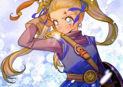 Rule 34 | 1girl, belt, blonde hair, blue eyes, blue ribbon, blue tunic, blurry, blurry foreground, breasts, brown gloves, brown shirt, buckler, dirty, dirty face, dragon quest, dragon quest builders 2, female builder (dqb2), furrowed brow, gloves, hair pulled back, hair ribbon, highres, holding, holding sword, holding weapon, injury, long hair, long sleeves, medium breasts, mouyi, ribbon, shield, shirt, snowing, solo, sword, turtleneck, twintails, upper body, weapon, weapon on back