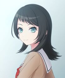 Rule 34 | 1girl, bang dream!, bang dream! it&#039;s mygo!!!!!, black hair, blue background, blue eyes, brown dress, closed mouth, commentary request, dress, gradient background, hanasakigawa school uniform, highres, long hair, looking at viewer, neck ribbon, partial commentary, red ribbon, ribbon, sailor collar, sailor dress, school uniform, solo, temple o dragon, upper body, white sailor collar, yahata umiri