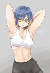Rule 34 | 10s, 1girl, abs, armpits, arms behind head, blue hair, breasts, female focus, glasses, green eyes, large breasts, muscular, shigure kasumi, short hair, simple background, solo, valkyrie drive, valkyrie drive -mermaid-
