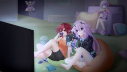 Rule 34 | 5girls, absurdres, adult neptune, alternate costume, ass, bare legs, bare shoulders, barefoot, bear slippers, blonde hair, blue eyes, blush, book, braid, breasts, chips (food), cleavage, collarbone, couch, drinking, dual persona, fairy wings, feet, flat chest, floating, food, frown, full body, grin, hair between eyes, hair ornament, hairclip, highres, histoire, indoors, lap pillow, legs, long hair, long sleeves, md5 mismatch, medium breasts, multiple girls, nepgear, neptune (neptunia), neptune (series), night, nightgown, on couch, orange eyes, panties, pantyshot, playing games, polka dot, polka dot shirt, pom pom (clothes), purple eyes, purple hair, red hair, resolution mismatch, santystuff, shin jigen game neptune vii, shirt, short hair, siblings, sisters, sitting, sitting on pillow, sleeping, sleepwear, sleeveless, small breasts, smile, smug, soles, source smaller, striped clothes, striped panties, tennouboshi uzume, thighs, toes, twin braids, twintails, underwear, very long hair, wings