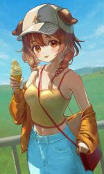Rule 34 | 1girl, :p, absurdres, alternate costume, animal ears, bag, bare shoulders, baseball cap, between breasts, blue skirt, blue sky, blush, braid, breasts, brown eyes, brown hair, camisole, closed mouth, cloud, commentary request, cowboy shot, day, denim, denim skirt, dog ears, dog girl, ears through headwear, food, grass, hair between eyes, hair over shoulder, hat, highres, holding, holding ice cream cone, hololive, ice cream, ice cream cone, inugami korone, jacket, jacket partially removed, juliet sleeves, long hair, long sleeves, looking at viewer, low twin braids, medium breasts, midriff, mountain, navel, open clothes, open jacket, outdoors, puffy sleeves, railing, red bag, shirt, shoulder bag, skirt, sky, sleeveless, sleeveless shirt, solo, standing, strap between breasts, tongue, tongue out, twin braids, virtual youtuber, white hat, yellow camisole, yellow jacket, yellow shirt, yun bo (yumbocchi)