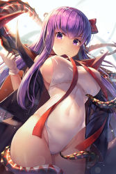 Rule 34 | 1girl, bare shoulders, bb (fate), bb (fate) (all), bb (swimsuit mooncancer) (fate), bb (swimsuit mooncancer) (third ascension) (fate), black coat, blush, breasts, cleavage, closed mouth, coat, commentary, covered erect nipples, covered navel, cowboy shot, curvy, fate/grand order, fate (series), gloves, groin, hair ribbon, hand up, highres, large breasts, leotard, long hair, looking at viewer, motokonut, neck ribbon, off shoulder, one-piece swimsuit, popped collar, purple eyes, purple hair, red ribbon, ribbon, sideboob, sidelocks, smile, solo, star (symbol), swimsuit, taut clothes, taut swimsuit, tentacles, thighs, vampire costume, very long hair, white gloves, white leotard, white one-piece swimsuit, wide sleeves