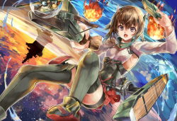 Rule 34 | 10s, 1girl, bad id, bad pixiv id, bike shorts, bow (weapon), brown eyes, brown hair, crossbow, fire, flat chest, headband, headgear, himuro shunsuke, kantai collection, looking at viewer, open mouth, personification, pleated skirt, short hair, skirt, solo, taihou (kancolle), thighhighs, weapon
