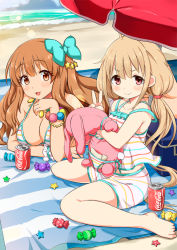 Rule 34 | &gt;:), 10s, 2girls, :3, barefoot, beach, bikini, blush, bow, brand name imitation, breasts, brown eyes, brown hair, can, candy, cleavage, coca-cola, drink can, food, full body, futaba anzu, hair bow, hair ornament, head rest, idolmaster, idolmaster cinderella girls, large breasts, long hair, low twintails, moroboshi kirari, multicolored stripes, multiple girls, omega.ep, open mouth, orange eyes, rabbit, red eyes, smile, soda can, striped bikini, striped clothes, stuffed animal, stuffed rabbit, stuffed toy, swimsuit, towel, twintails, umbrella, v, v-shaped eyebrows