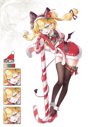 1girl bell black_thighhighs blonde_hair blush bow bowtie cane commentary_request demon_tail demon_wings dress fang gloves green_eyes hair_bow highres k1my0 low_wings multiple_expressions neck_bell original pointy_ears red_dress red_gloves red_shoes santa_costume santa_dress shoes skin_fang tail thighhighs tongue tongue_out twintails wings zettai_ryouiki zoom_layer