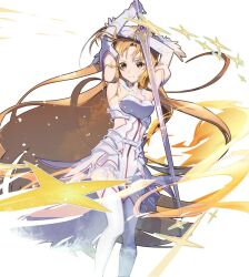 Rule 34 | 1girl, armor, armored dress, arms up, asuna (sao), asuna (stacia), breastplate, breasts, cofffee, detached collar, detached sleeves, dress, feet out of frame, garter straps, gloves, hip armor, holding, holding sword, holding weapon, long hair, looking at viewer, medium breasts, orange eyes, orange hair, parted bangs, sleeveless, sleeveless dress, solo, sword, sword art online, sword art online: alicization, sword art online: alicization - war of underworld, sword art online: alicization rising steel, sword art online: unleashed blading, weapon, white armor, white background, white gloves, white sleeves