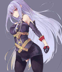 Rule 34 | 1girl, bare shoulders, breasts, commentary request, covered erect nipples, detached sleeves, gloves, grey background, hair between eyes, large breasts, leggings, long hair, looking at viewer, military, military uniform, minchi (lordofthemince), red eyes, selvaria bles, senjou no valkyria, senjou no valkyria (series), senjou no valkyria 1, sidelocks, silver hair, sleeves rolled up, solo, standing, underbust, uniform, very long hair, wide hips