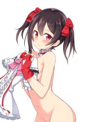 Rule 34 | 10s, 1girl, black hair, blush, bokura wa ima no naka de, bow, clothes in front, clothing cutout, covering privates, covering breasts, fingerless gloves, gloves, hair bow, heart, heart cutout, hiraga matsuri, hirasato, long hair, looking at viewer, love live!, love live! school idol project, navel, nude, out-of-frame censoring, red eyes, red gloves, solo, sweat, twintails, yazawa nico