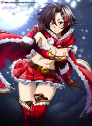 Rule 34 | 1girl, absurdres, blush, breasts, brown hair, cape, choker, christmas, cleavage, corset, gloves, grey eyes, hair ornament, highres, hood, looking at viewer, medium breasts, navel, parted lips, ruby rose, rwby, short hair, skirt, smile, solo, thighhighs, vilde loh hocen