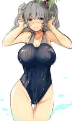 Rule 34 | 1girl, absurdres, black one-piece swimsuit, blue eyes, breasts, collarbone, competition swimsuit, cowboy shot, gluteal fold, highres, kantai collection, kashima (kancolle), large breasts, long hair, looking at viewer, one-piece swimsuit, silver hair, smile, solo, standing, striped clothes, striped one-piece swimsuit, swimsuit, thigh gap, twintails, wasavi 8, water, wavy hair, wet, wet clothes, wet swimsuit