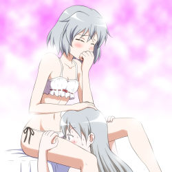 Rule 34 | 2girls, blue eyes, blush, bra, breasts, closed eyes, collarbone, covered mouth, eila ilmatar juutilainen, gradient background, grey hair, groin, hand on another&#039;s head, hiro yoshinaka, long hair, multiple girls, navel, panties, pink background, sanya v. litvyak, sexually suggestive, short hair, side-tie panties, simple background, sitting, small breasts, strike witches, sweat, underwear, underwear only, white bra, white panties, world witches series, yuri
