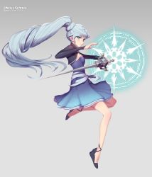 Rule 34 | 1girl, blue dress, blue eyes, breasts, closed mouth, dress, floating hair, full body, gradient dress, grey background, high heels, highres, holding, holding weapon, leg up, long hair, long sleeves, myrtenaster, rwby, short dress, shrug (clothing), silver hair, sleeveless, sleeveless dress, small breasts, solo, strapless, strapless dress, uyalago, very long hair, weapon, wedge heels, weiss schnee