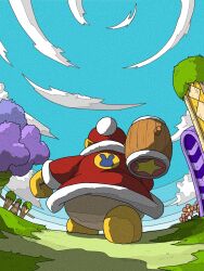 Rule 34 | 1boy, blue sky, carrying over shoulder, cloud, flower, from behind, gloves, grass, hammer, highres, holding, holding hammer, king dedede, kirby (series), male focus, nintendo, no humans, omanju, pom pom (clothes), red flower, sky, solo, star (symbol), tree, walking, yellow gloves