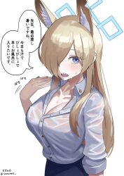Rule 34 | 1girl, absurdres, blonde hair, blue archive, blue eyes, blue halo, blush, breasts, cleavage, collarbone, halo, highres, kanna (blue archive), large breasts, long hair, long sleeves, looking at viewer, open mouth, see-through, see-through shirt, sharp teeth, shirt, simple background, solo, speech bubble, suzume b, teeth, translation request, upper teeth only, white background, white shirt