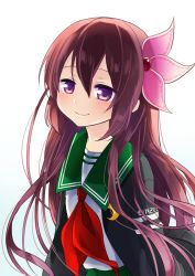 Rule 34 | 1girl, black jacket, brown hair, commentary request, crescent, crescent pin, green sailor collar, green skirt, hair between eyes, hair ornament, highres, jacket, kantai collection, kisaragi (kancolle), kisaragi kai ni (kancolle), long hair, nagasioo, neckerchief, open clothes, open jacket, pleated skirt, purple eyes, sailor collar, school uniform, serafuku, simple background, skirt, smile, solo, white background