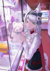 Rule 34 | 1girl, absurdres, animal ear fluff, animal ears, black bow, black hairband, black skirt, bow, closed mouth, commentary, crane game, from side, grey hair, hair bow, hairband, hands up, highres, holding, holding stuffed toy, huge filesize, indie virtual youtuber, indoors, kurou satsuki, long sleeves, looking at viewer, looking to the side, ponta (matsuokazieg), red bow, shirt, skirt, smile, stuffed animal, stuffed toy, tail, teddy bear, virtual youtuber, white shirt, wolf ears, wolf girl, wolf tail, yellow eyes