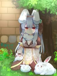 Rule 34 | 1girl, :x, animal, animal around neck, animal ears, black thighhighs, blue hair, breasts, brick wall, brown eyes, cleavage, closed mouth, coat, commentary request, crop top, dappled sunlight, day, expressionless, fake animal ears, full body, grass, grey coat, grey shirt, highres, light blue hair, long hair, looking down, lunatic (ragnarok online), medium breasts, murasame no souko, panties, petting, rabbit, rabbit ears, ragnarok online, seiza, shirt, sitting, sunlight, suspenders, thighhighs, tree, underwear, warlock (ragnarok online), yellow panties