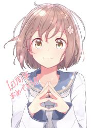 Rule 34 | 1girl, anniversary, blue sailor collar, blush, brown eyes, brown hair, closed mouth, dress, flower, grey neckerchief, hair flower, hair ornament, highres, kantai collection, long sleeves, looking at viewer, ludens (inonaka koubou), neckerchief, pink flower, sailor collar, sailor dress, short hair, signature, simple background, smile, solo, upper body, white background, white dress, yukikaze (kancolle), yukikaze kai ni (kancolle)