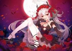 Rule 34 | 1girl, :q, absurdres, ankle lace-up, artist name, azur lane, bare shoulders, bat (animal), black dress, black gloves, breasts, chinese text, collarbone, commentary request, criss-cross halter, cross, cross-laced footwear, dated, dress, flower, full body, full moon, gloves, hair between eyes, hair flower, hair ornament, hair ribbon, halterneck, hand to own mouth, highres, long hair, looking at viewer, moon, night, outstretched arm, pantyhose, petals, red eyes, red flower, red rose, ribbon, rose, rose petals, shoe dangle, shoes, sleeveless, sleeveless dress, slit pupils, small breasts, solo, tombstone, tongue, tongue out, tsubasa tsubasa, twintails, v-shaped eyebrows, vampire, vampire (azur lane), veil, very long hair, white hair, white pantyhose