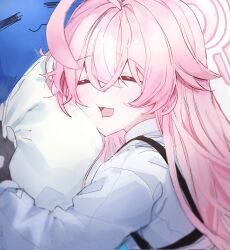 Rule 34 | 1girl, ahoge, black gloves, blue archive, blush, closed eyes, fingerless gloves, gloves, hair flaps, halo, hasugu, highres, hoshino (blue archive), long hair, long sleeves, open mouth, pink hair, pink halo, shirt, short hair, smile, solo, stuffed whale, upper body, very long hair, white background, white shirt