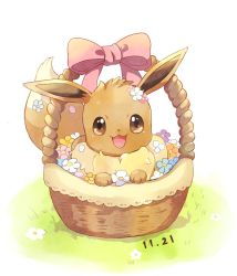 Rule 34 | :3, animal hands, bad id, bad pixiv id, basket, blue flower, bow, brown eyes, creatures (company), dated, eevee, flower, game freak, gen 1 pokemon, grass, happy, looking at viewer, mei (maysroom), nintendo, no humans, open mouth, orange flower, outdoors, pink bow, pink flower, pokemon, pokemon (creature), purple flower, simple background, sitting, smile, solo, straight-on, white background, white flower, yellow flower