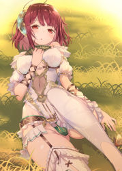 Rule 34 | 1girl, ahoge, atelier (series), atelier sophie, baakurou, blush, cleft of venus, cosplay, covered erect nipples, frills, grass, highres, looking at viewer, lying, navel, on back, orange eyes, plachta, plachta (cosplay), red hair, revealing clothes, solo, sophie neuenmuller