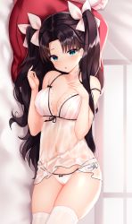 Rule 34 | 1girl, :o, absurdres, bare shoulders, black hair, blue eyes, breasts, cameltoe, chemise, choker, cleavage, fate/stay night, fate (series), hair ribbon, hand on own chest, highres, large breasts, lingerie, long hair, looking at viewer, lying, multi-strapped panties, navel, on side, open mouth, panties, parted bangs, pillow, ribbon, ribbon choker, see-through, shouu-kun, side-tie panties, solo, stomach, thighhighs, tohsaka rin, two side up, underwear, underwear only, white panties, white thighhighs