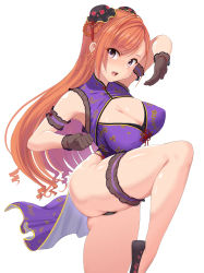 Rule 34 | 1girl, arisugawa natsuha, arm garter, armpits, ass, bare shoulders, black footwear, black gloves, black panties, breasts, bridal garter, brown eyes, bun cover, cameltoe, china dress, chinese clothes, cleavage, cleavage cutout, clenched hand, clothing cutout, covered erect nipples, curvy, double bun, dress, eyes visible through hair, gloves, hair bun, highleg, highleg dress, highres, hip focus, idolmaster, idolmaster shiny colors, kicking, large breasts, leaning to the side, long hair, looking at viewer, nagasode (48789563), open mouth, orange hair, panties, pantyshot, pelvic curtain, purple dress, ringlets, shoes, simple background, solo, sweatdrop, swept bangs, thighs, thong, underwear, very long hair, white background