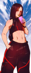 Rule 34 | 1other, bare shoulders, black hair, drink, drinking, drinking straw, eyeshadow, groin, guilty gear, guilty gear strive, hand in pocket, highres, kitsune23star, looking at viewer, makeup, navel, pants, red eyes, short sleeves, stomach, straight hair, testament (guilty gear), thick thighs, thighs